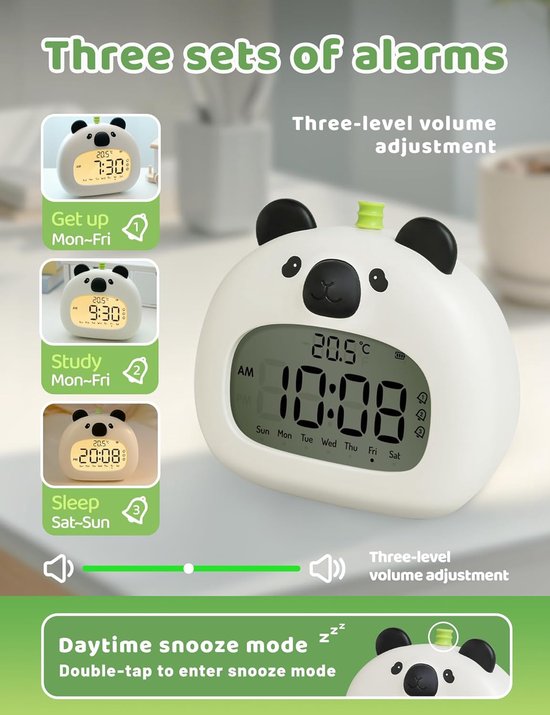 Kinderwekker Panda - Nachtlampje Klok - Kindslapen Leren - Oplaadbaar USB-C - 11.5 x 12.2 cm - Wit Zwart — afbeelding 5