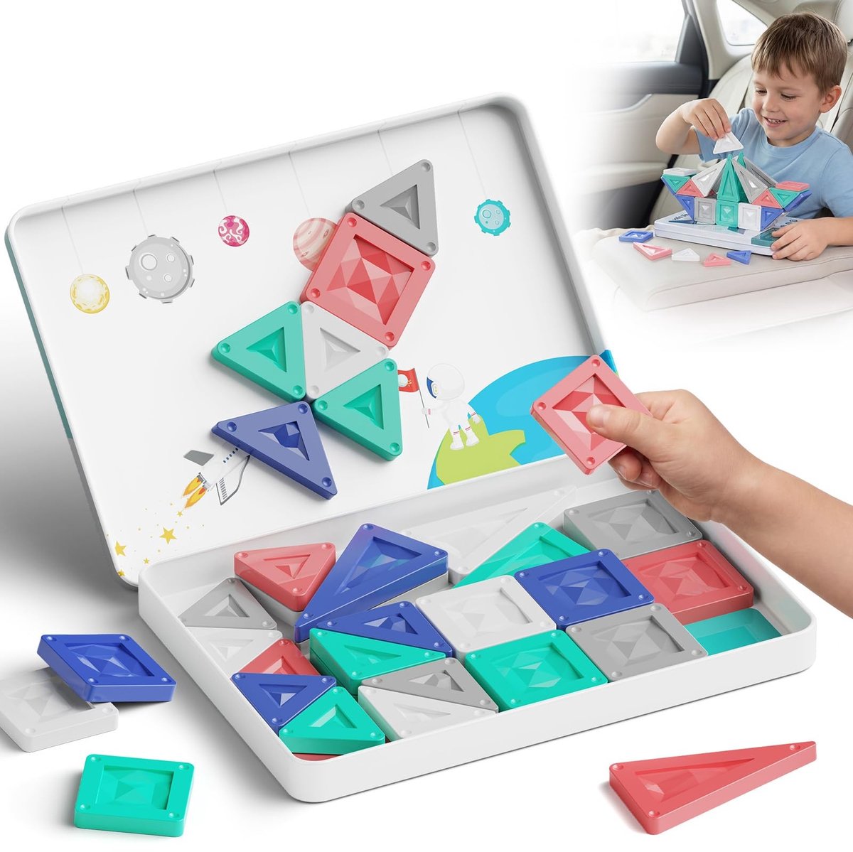 Dailygoods- Bouwstenen Educatief - Magnetische Bouwstenen - Reisspeelgoed - 40 Stuks - Montessori - Draagbare Tinbox met Speelplaat - Magnetische Blokken