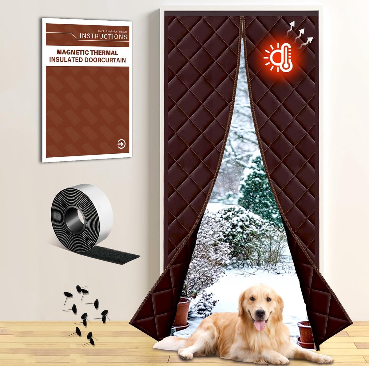 Geïsoleerd Deurgordijn - Thermische Deurhoes - Winterisolatie Thuis - Magnetische Sluiting - 91 x 208 cm - Koffie