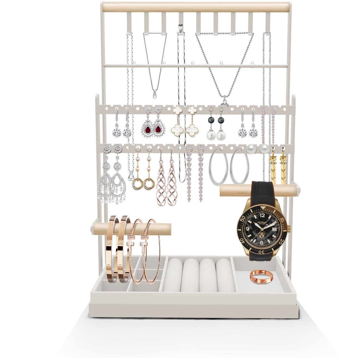 Dailygoods- Sieradenstandaard met 4 niveaus - Fluwelen lade - Armband houder - Ringenhouder - Sieraden organizer - Voor kettingen, armbanden en oorbellen - Sieradenhouder