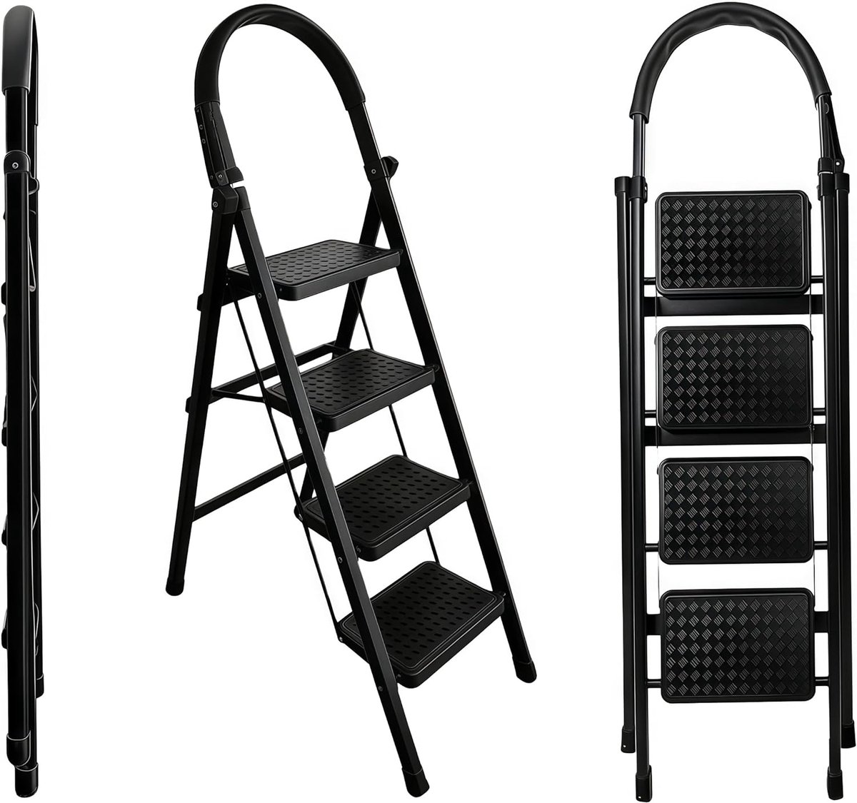 Vouwtrap met Handgreep - Steekladder Keuken - Huishoudelijk Werk - Antislip Brede Treden - 150 kg Draaglast - Wit Zwart