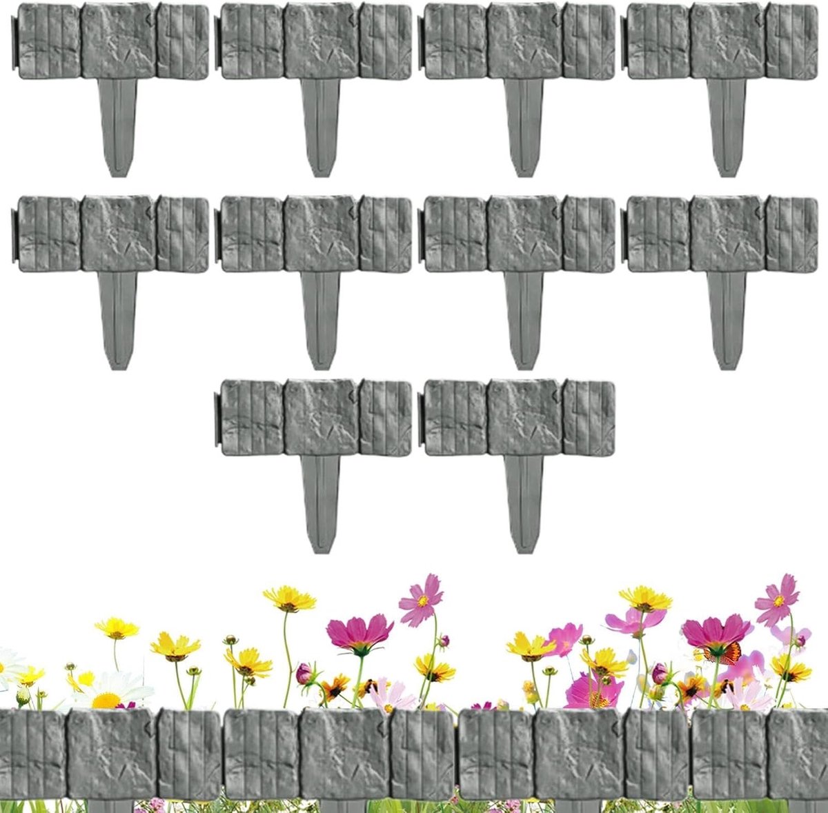 Tuinafscheiding Imitatie Steen - Landschapsborder Panelen - Buitenrand Creëren - Gereedschapsloze Installatie - 10 Stuks - Grijs