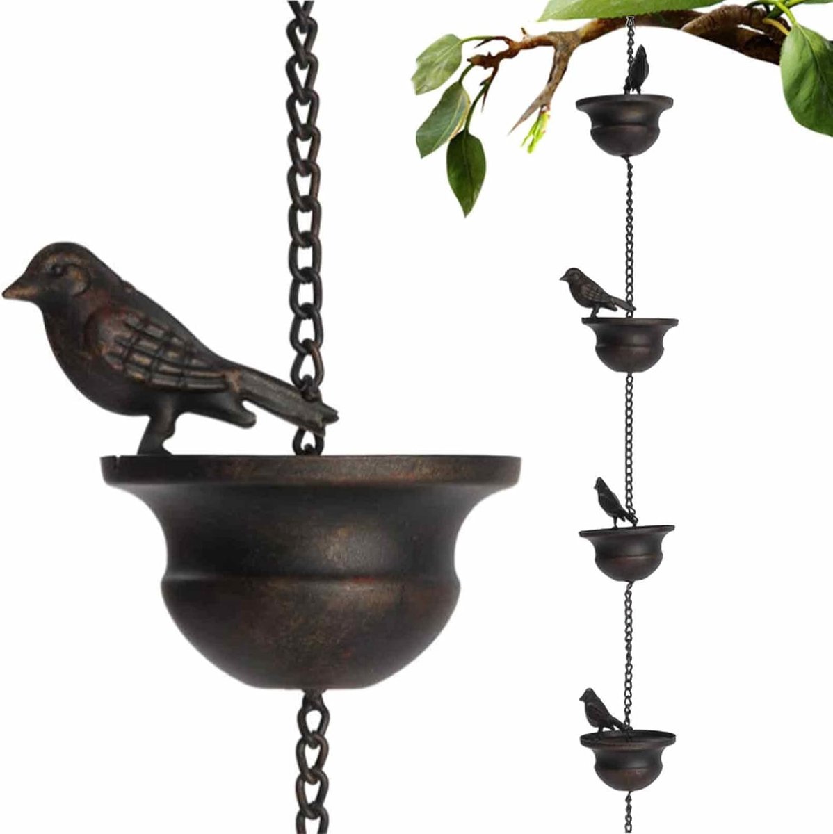 Regenkettingen - Watergeleiders - Tuindecoratie - Met metalen vogels - 2 meter lengte - Zwart