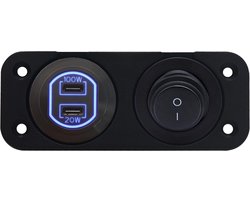 ProRide 12-24V USB C Autolader 2 Poorten Inbouw - 100W+20W - Tuimelschakelaar - Tweevoudig Paneel - Blauw
