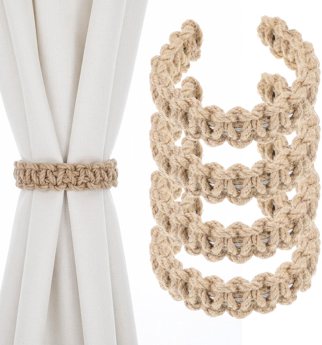 Dailygoods - TIESOME 4 stuks gevlochten gordijnhouders, boho-gordijn vouwhouders, gevlochten gordijnhouders, handgemaakte gordijnbinders voor kantoor, woonkamer, slaapkamer, decoratieve gordijnen