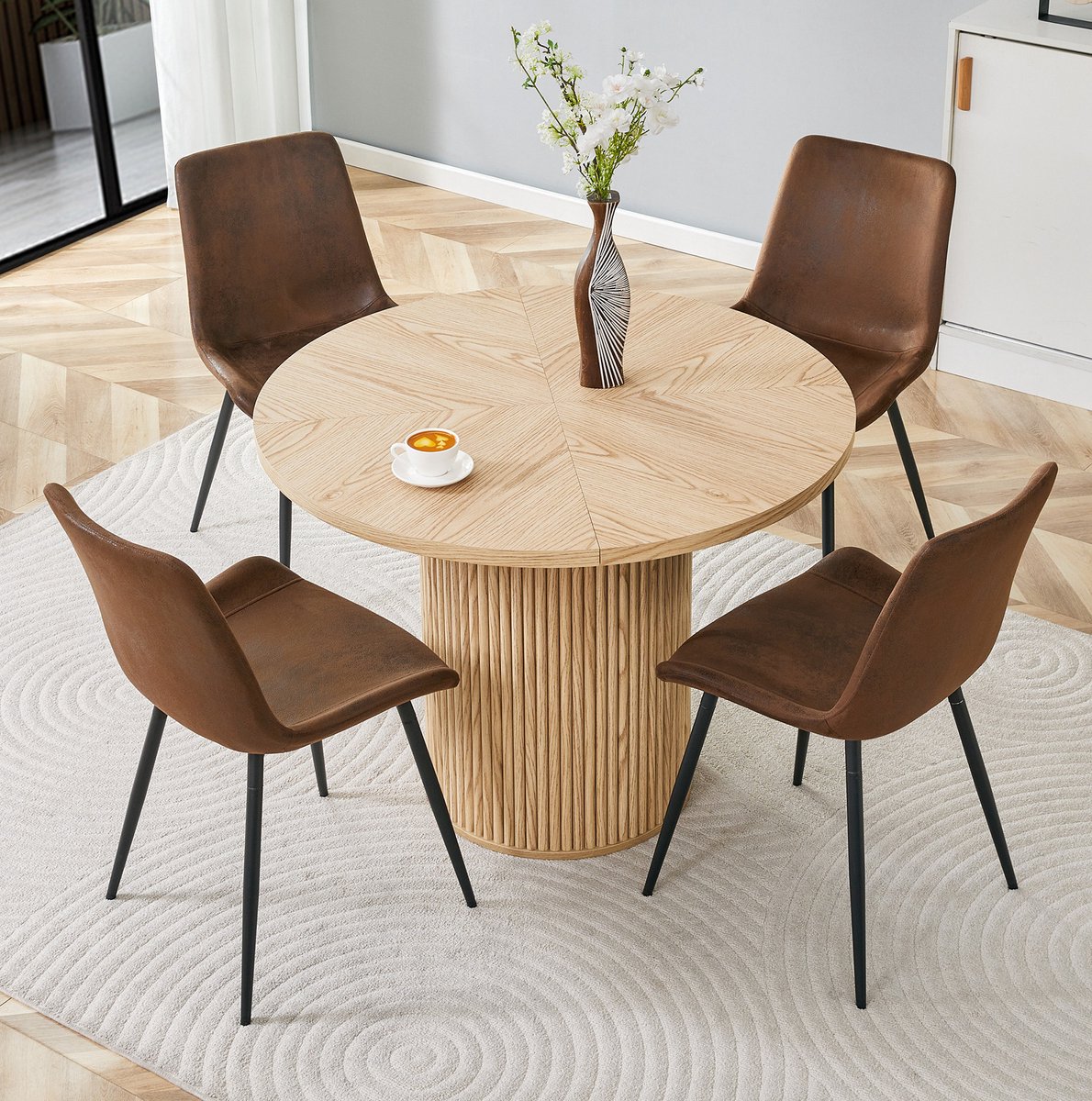 Set Tafel En Stoelen - Ronde Eettafel Met 4 Stoelen - Slijtvast En Ergonomisch - Voor Eetkamer En Keuken - Hout Metaal Bruin Zwart