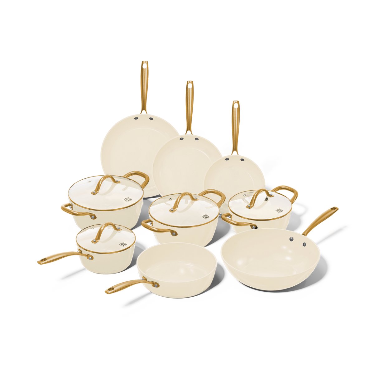 Cook & Pan Vanilla Pannenset 9-delig PFAS vrij - Alle Warmtebronnen - Krasbestendige Anti Aanbaklaag - Vaatwasserbestendig - Gas, Inductie, Elektrisch, Oven - Pannen set met 7 jaar garantie - Koekenpan, Wokpan, Steelpan, Hapjespan, Kookpot