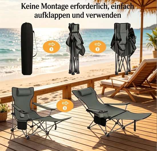 Campingstoel - Relaxstoel Met Verstelbare Rugleuning En Uitschuifbare Voetsteun - Voor Camping, Strand En Tuin - Staal Grijs — afbeelding 5