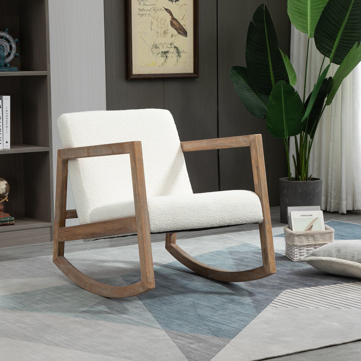 HAUSS SPOLE Schommelstoel - Relaxfauteuil Met Armleuningen En Dikke Bekleding - Voor Woonkamer, Slaapkamer En Kantoor - Hout En Stof Crèmewit Cream White