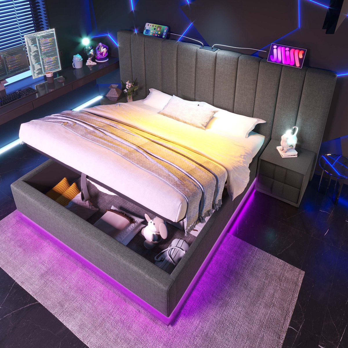 VVBV Bed met opbergruimte 160x200 / Tweepersoonsbed 160x200 – met Hydraulische Opbergruimte, LED-Verlichting, USB, USB-C, Lattenbodem – Linnen – Grijs