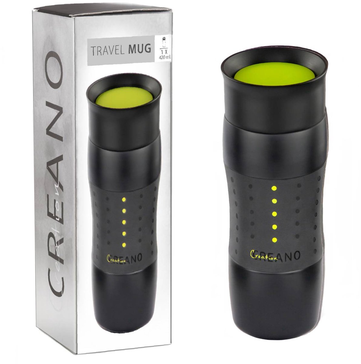 Creano Design Reismok 420ml, Coffee to Go Beker, Thermosbeker, Isoleerbeker, houdt 4u warm/ 7u koud, 100% dicht & lekvrij, 360°-drinkopening | Groen