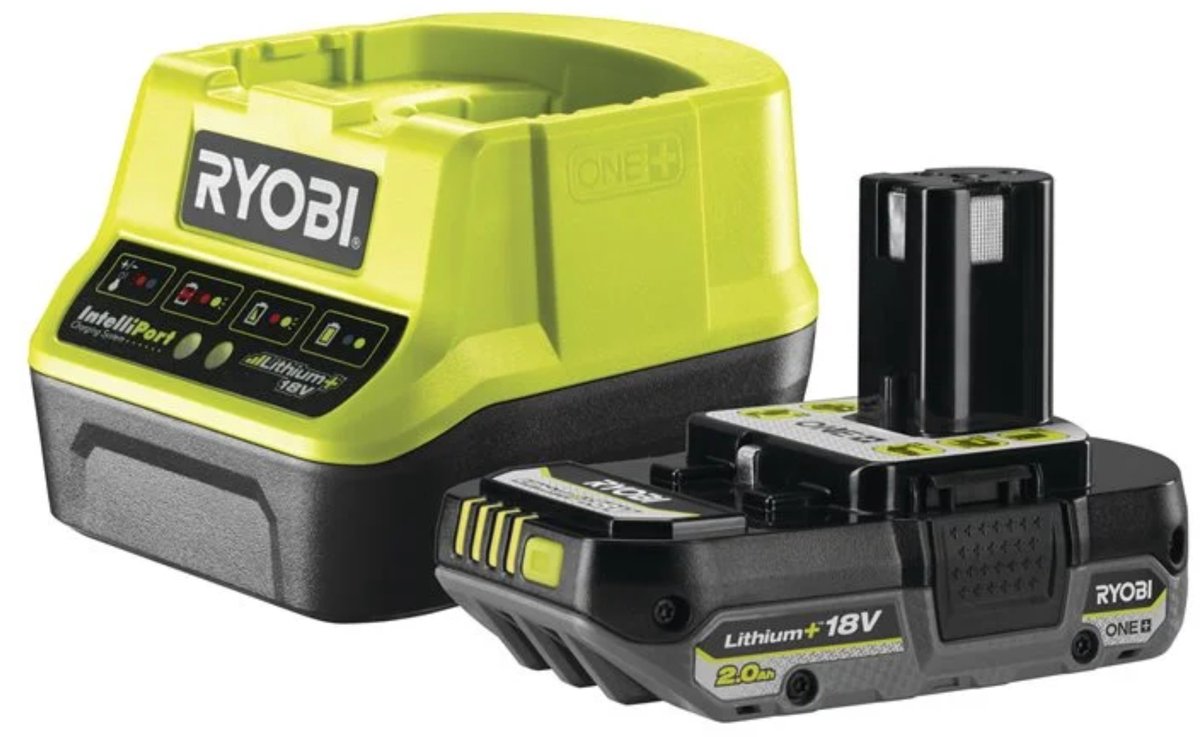 RYOBI 18V Accu Starter Kit RC18120-120C (2,0 Ah Lithium+ accu, snellader met 2,0 A laadstroom, Lithium+ accutechnologie zet de norm voor gebruiksduur, prestaties en levensduur, IntelliCell™)