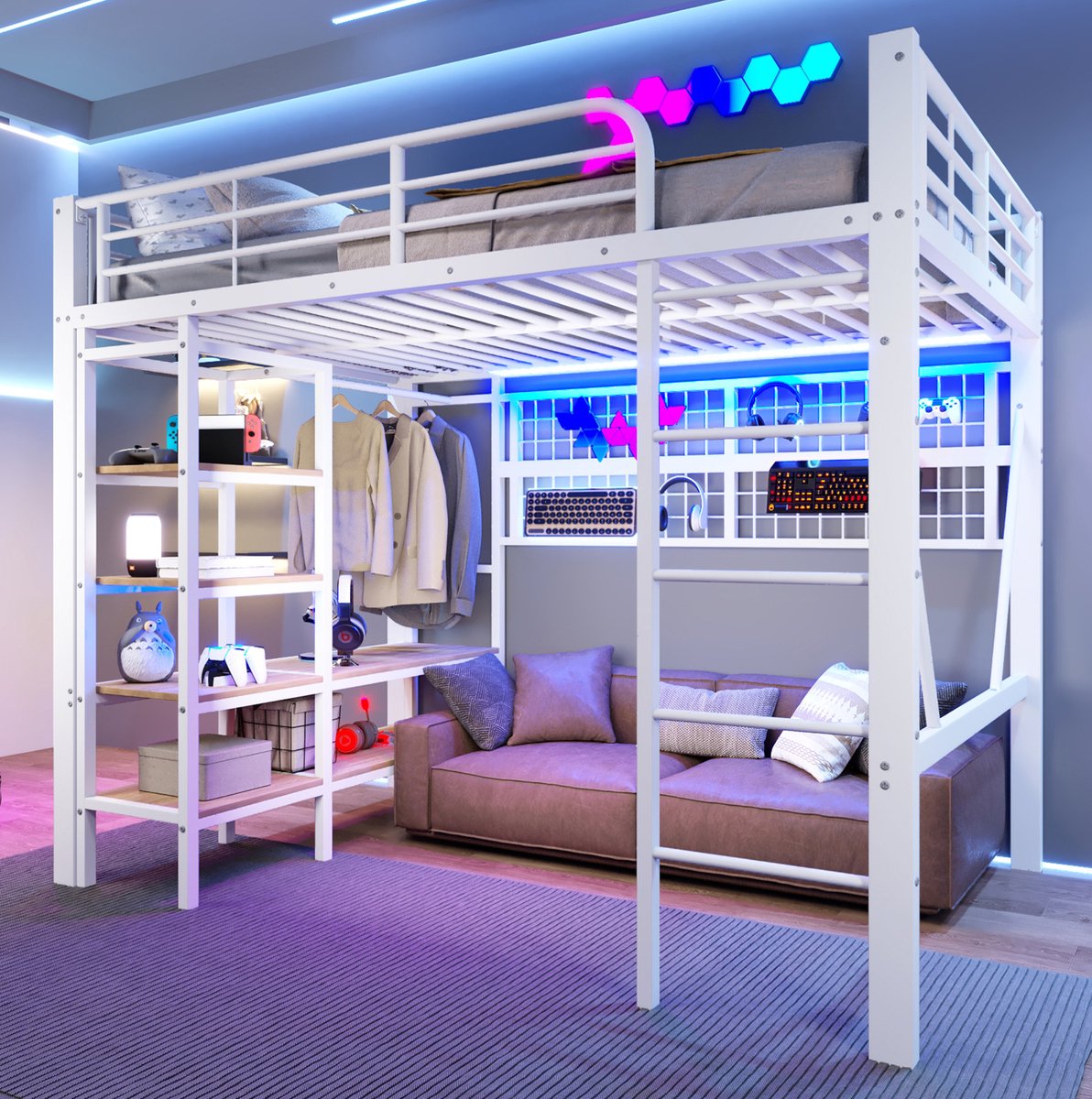 MEUNIQ hoogslaper 140 x 200 cm met metalen frame, MDF, LED-verlichting, opbergrek, kledingstang en open ruimte onder het bed voor slaapkamer Wit