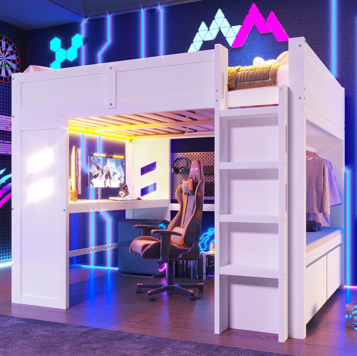 MEUNIQ Hoogslaper 140x200 cm met bureau, LED-verlichting, USB- en Type-C-aansluiting, ladder en opbergruimte, wit voor slaapkamer of kinderkamer White