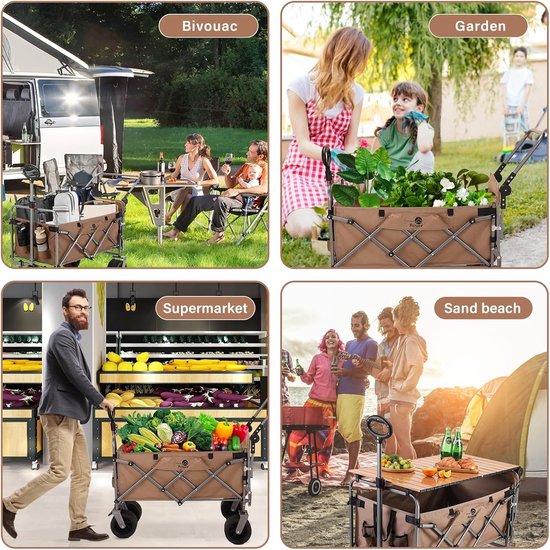 Handige Transportkar - Opvouwbare Trolley - Buitenactiviteiten - Extra Grote Wielen - 120kg Draaglast - Khaki — afbeelding 3