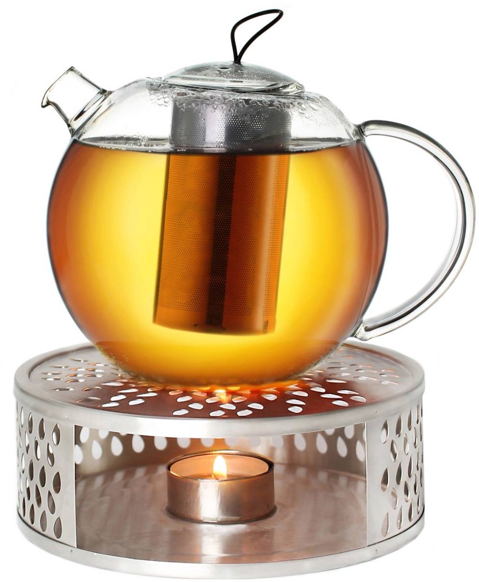 Creano glazen theepot 2,0l Jumbo + een rvs theelicht, 3-delige glazen theepot met geïntegreerd rvs filter en glazen deksel, ideaal voor het zetten van losse thee, druppelvrij