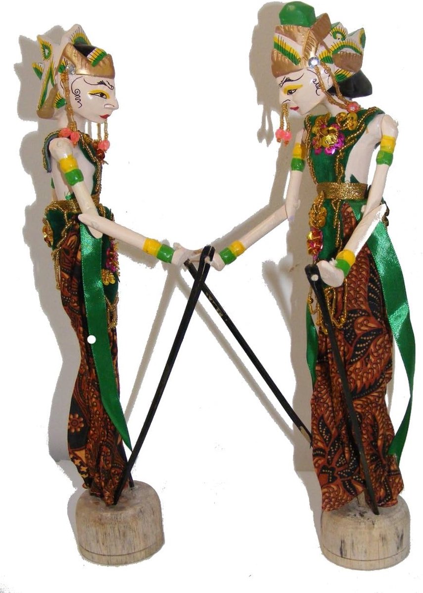 Wayang Golek Poppen - Houten poppen - Traditioneel theater - Handgesneden paar - 35 cm hoog - Veelkleurig