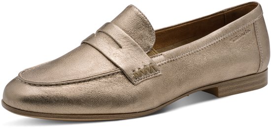 Gouden lederen loafer met een band over de wreef, op een lage hak.