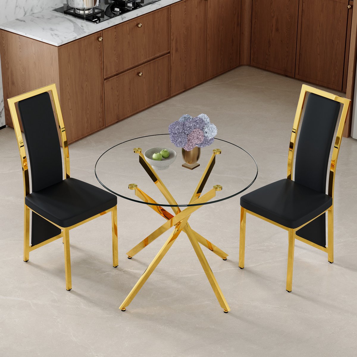 MODENUIT Eettafelset 88 cm - Ovale Glazen Tafel Met 2 Stoelen - Voor Eetkamer En Keuken - Glas Metaal PU - Zwart Goud Zwart, Goud, Transparant