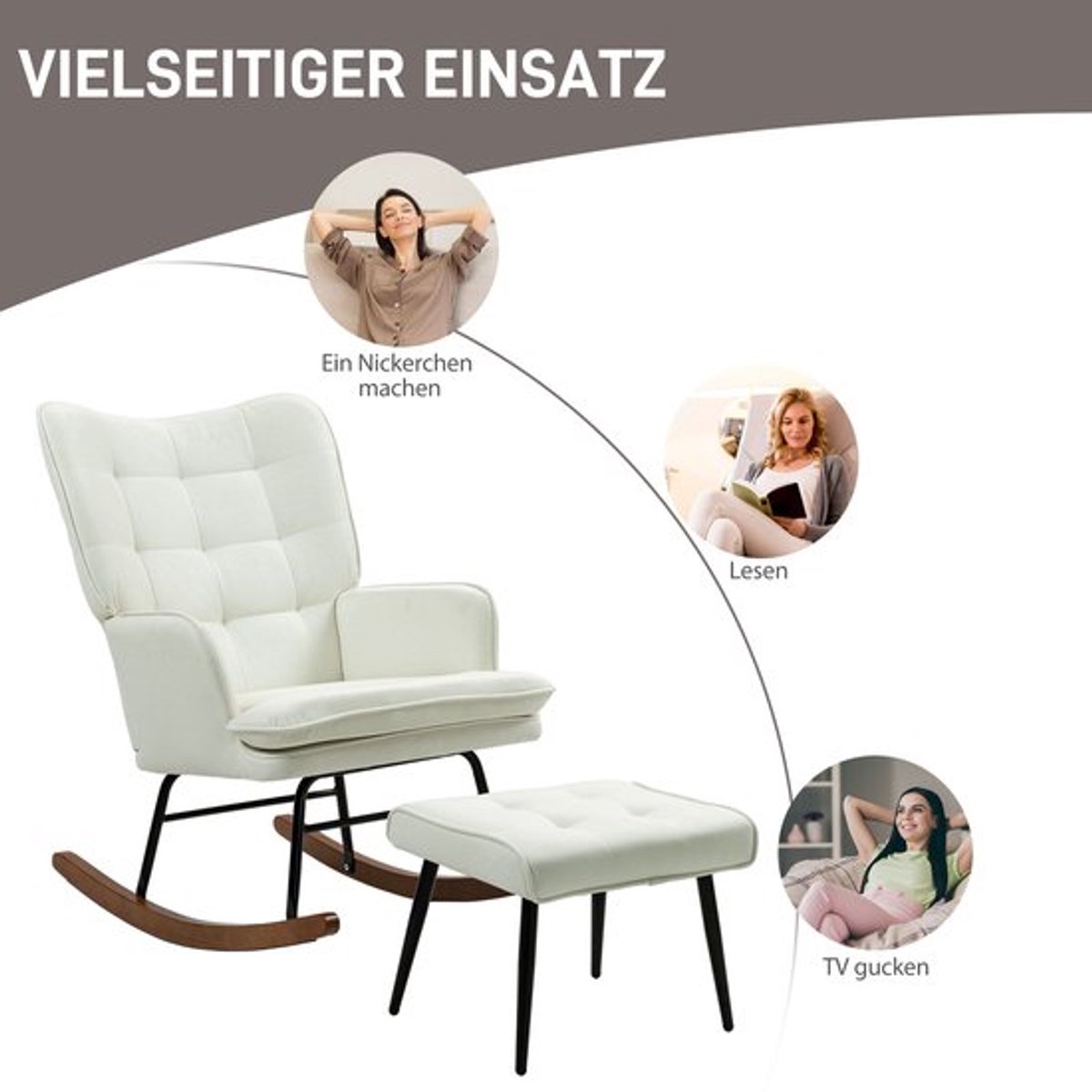 Schommelstoel – Schommelzetel – Schommelstoel Met Voetenbank – Relaxstoel – Wiegstoel – Creme Wit – Zacht Schommelmechanisme – Linnenlook Stof