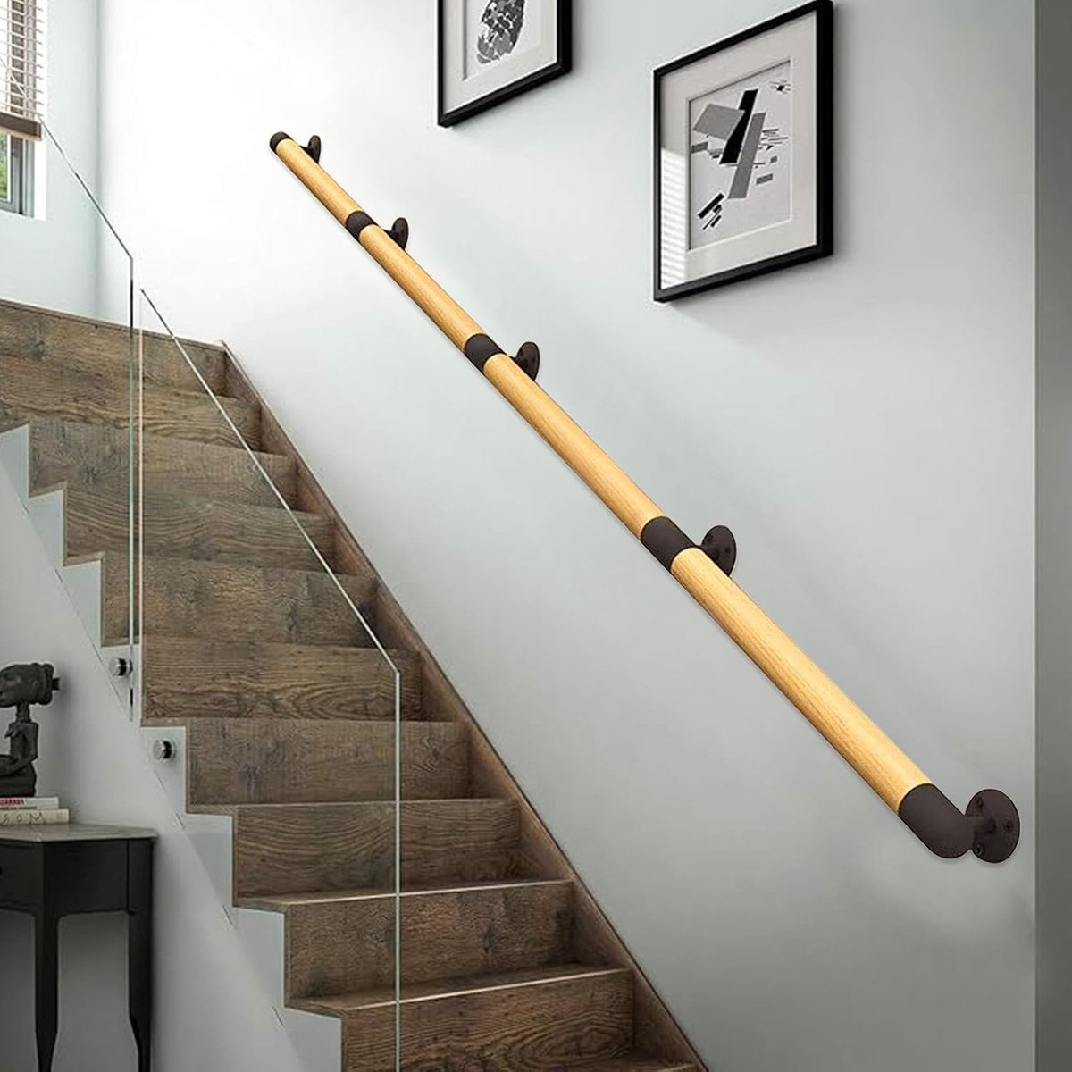 Houten trapleuning - Muursteun - Veilig traplopen - Massief hout smeedijzer - 80 cm - Natuurlijk hout