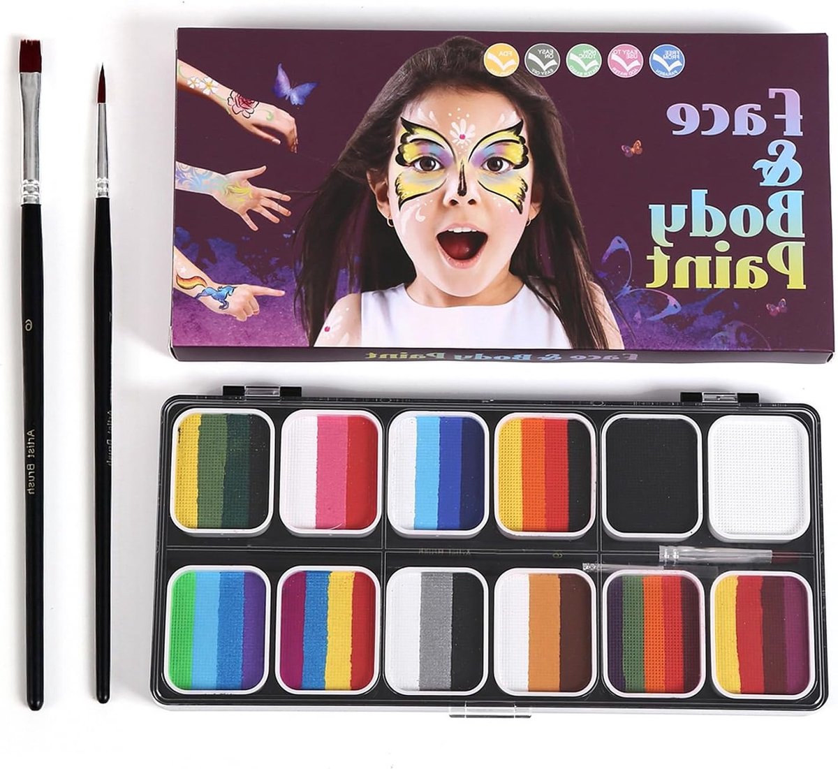 Professionele Wateractieve Lichaamsverf Set voor Kostuumfeesten, Verjaardagen en Festivals - Kleurrijke Makeup voor Creatieve Gelegenheden