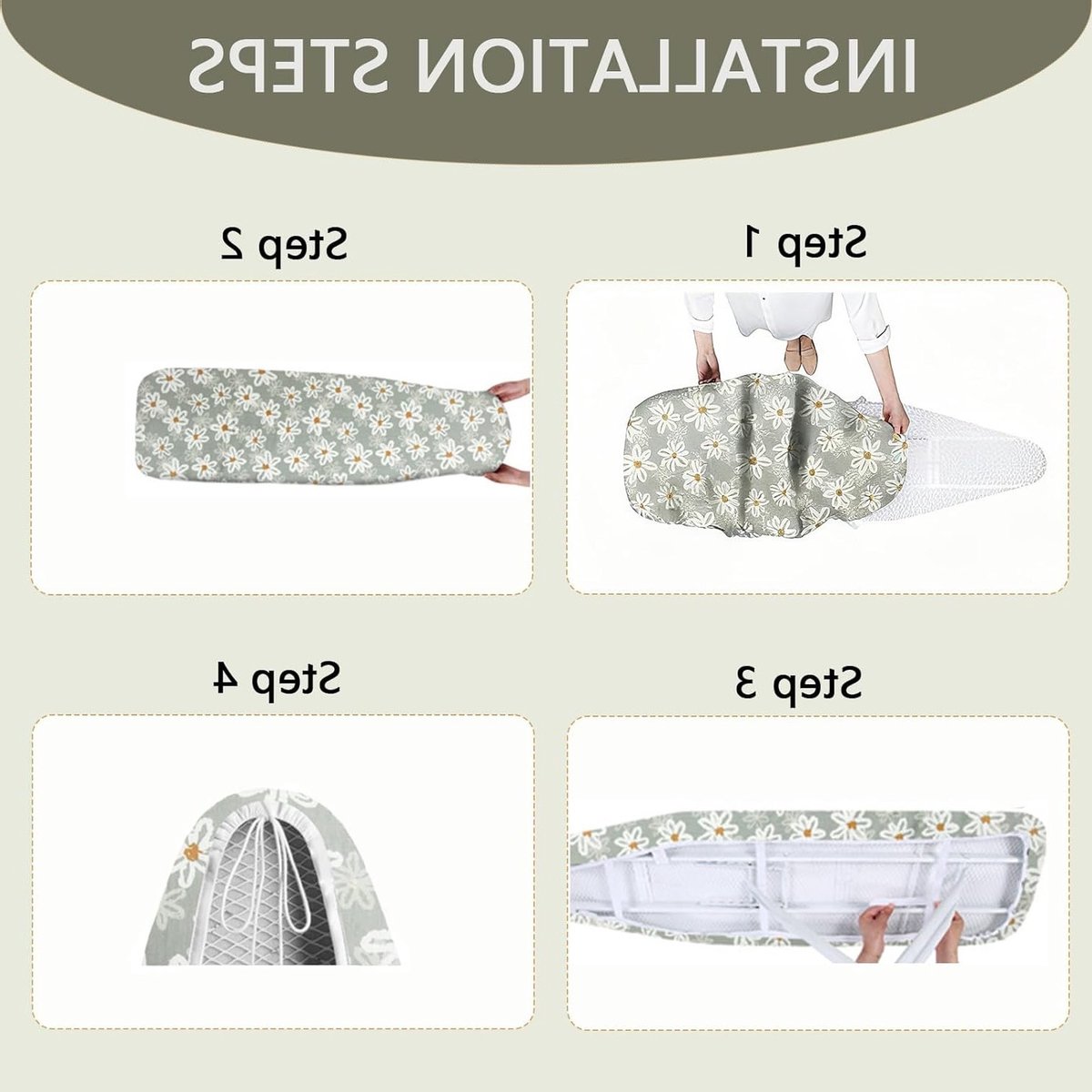 Strijkplankhoes 117-125 x 37-45 cm, Dikke Katoenen Hoes met Elastische Band, Geschikt voor Stoomstrijkijzers, Groen Daisy Design