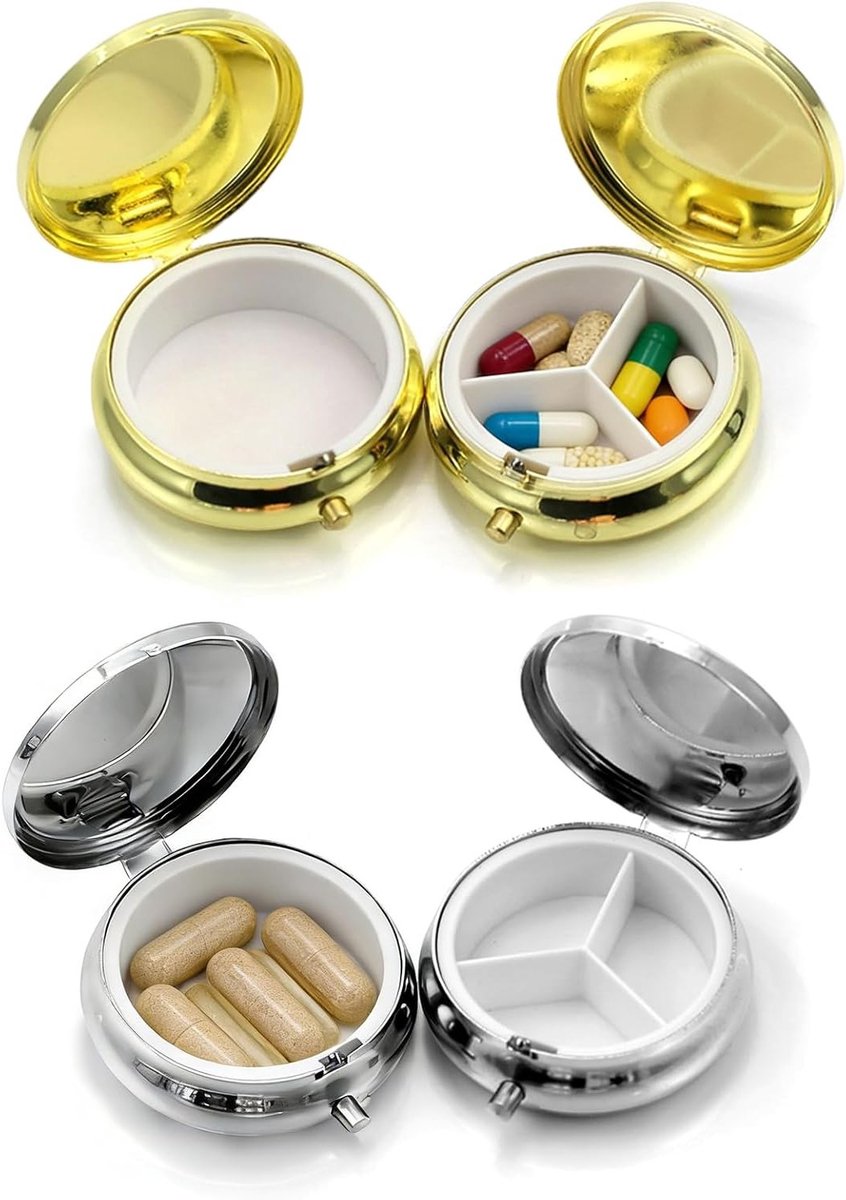 Metalen pillendoosjes set van 4, reisvriendelijke medicijnorganizer met 2 x 3 vakken en 2 x enkel vak, 30 ml inhoud, goud en zilver, ideaal voor medicijnen en vitamines