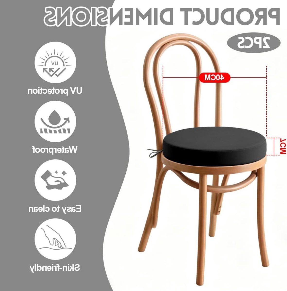 Waterdicht tuinzitkussen set van 2, 40 x 40 cm, comfortabel schuim, ideaal voor terrasstoelen en buitengebruik