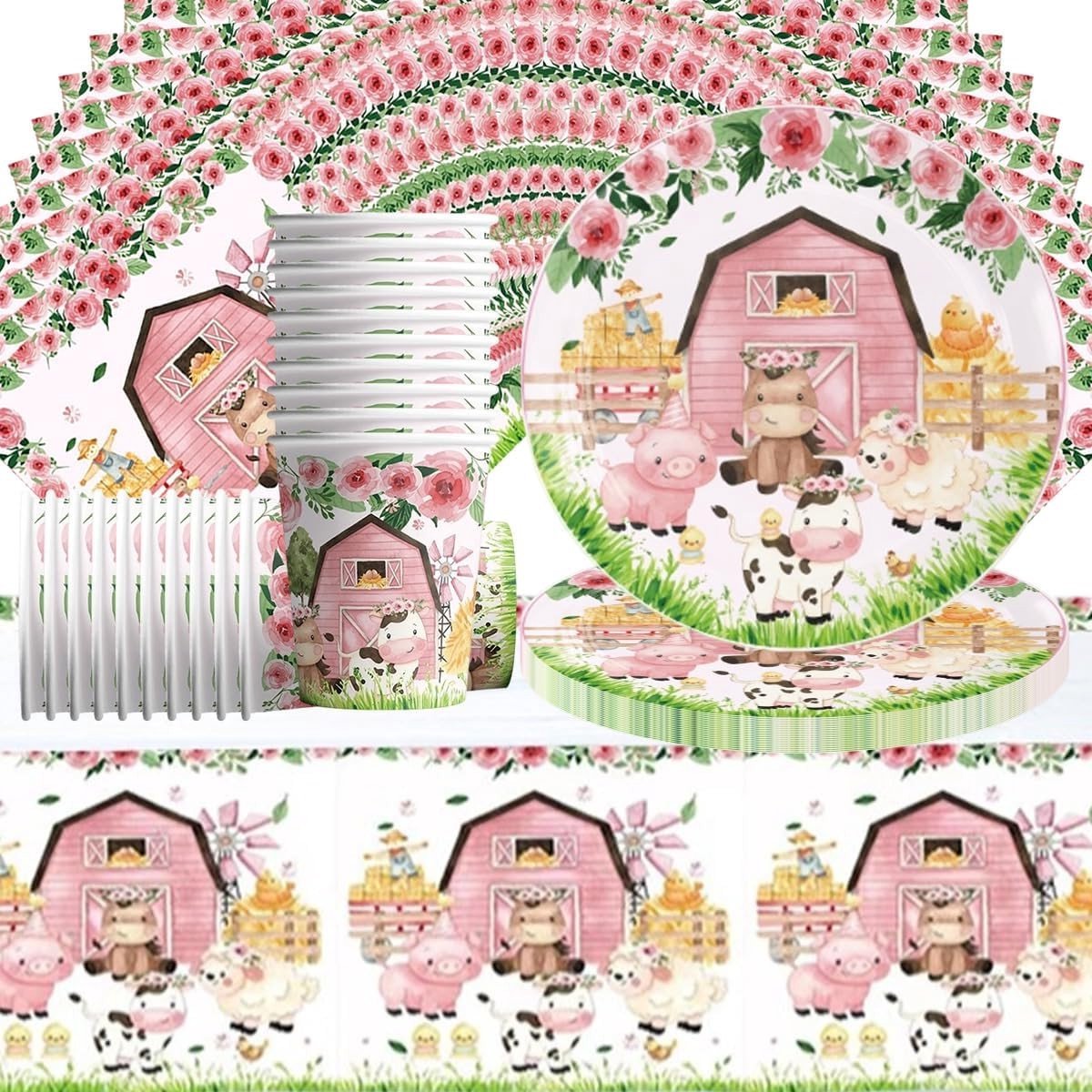 Compleet 61-delig Boerderij Feestservies met Dieren Decoraties voor Kinderen, Inclusief Papieren Bekers, Servetten, Borden en Tafelkleed, Geschikt voor 20 Gasten