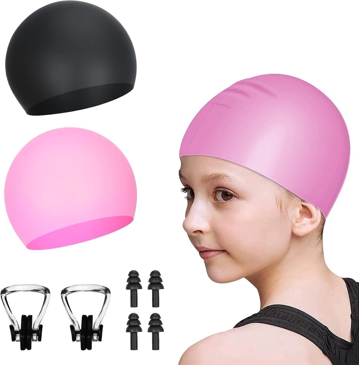Extra grote waterdichte zwemcaps voor kinderen - silicone, elastisch, met oordopjes en neusclips, unisex, zwart en roze, ideaal voor zwemmen en wateractiviteiten
