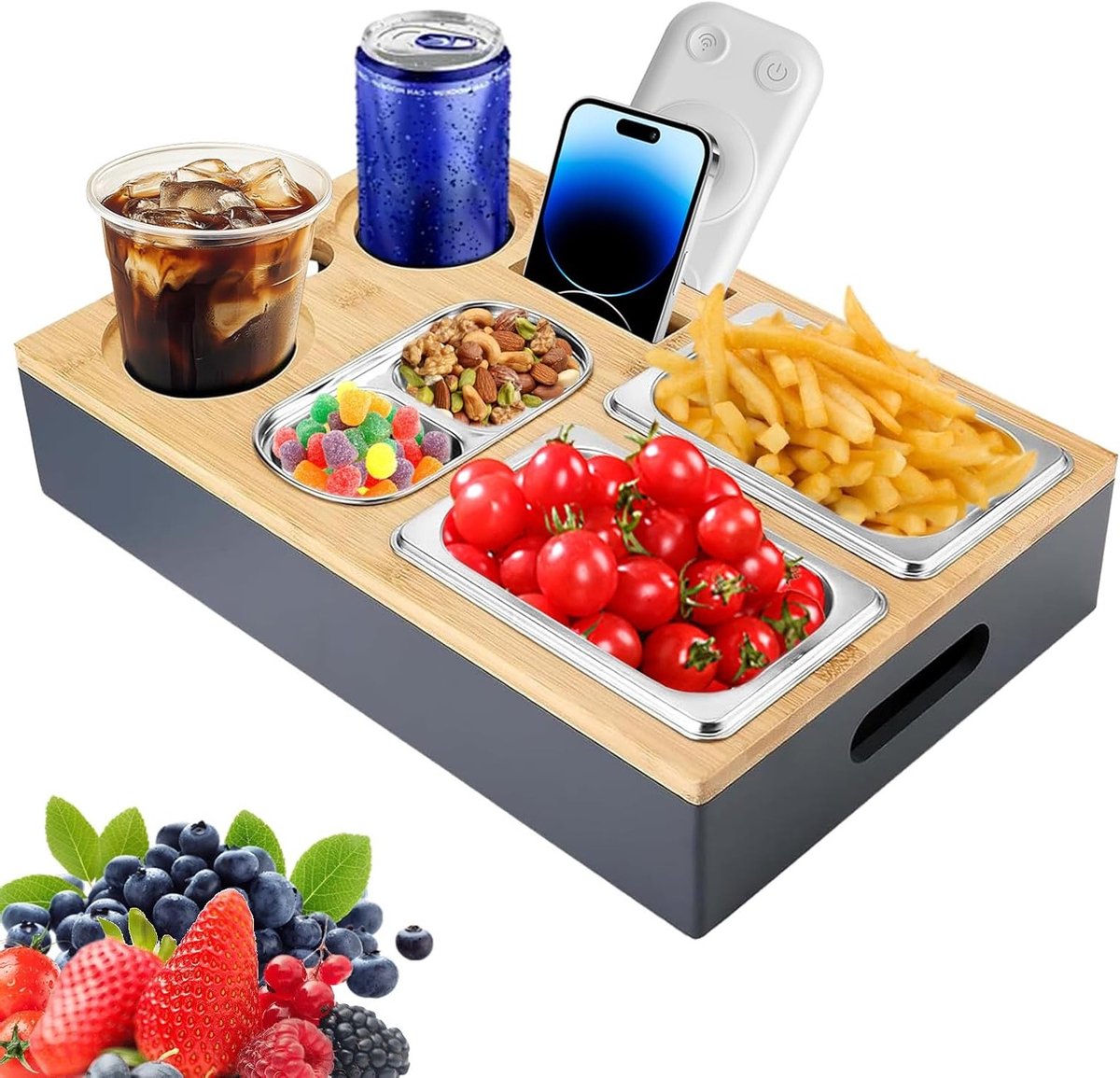 Snack Tray met Verwijderbare RVS Snackkommen, Houten Dienblad voor Woonkamer, Tuin en Feesten, Ideaal voor Camping en Auto