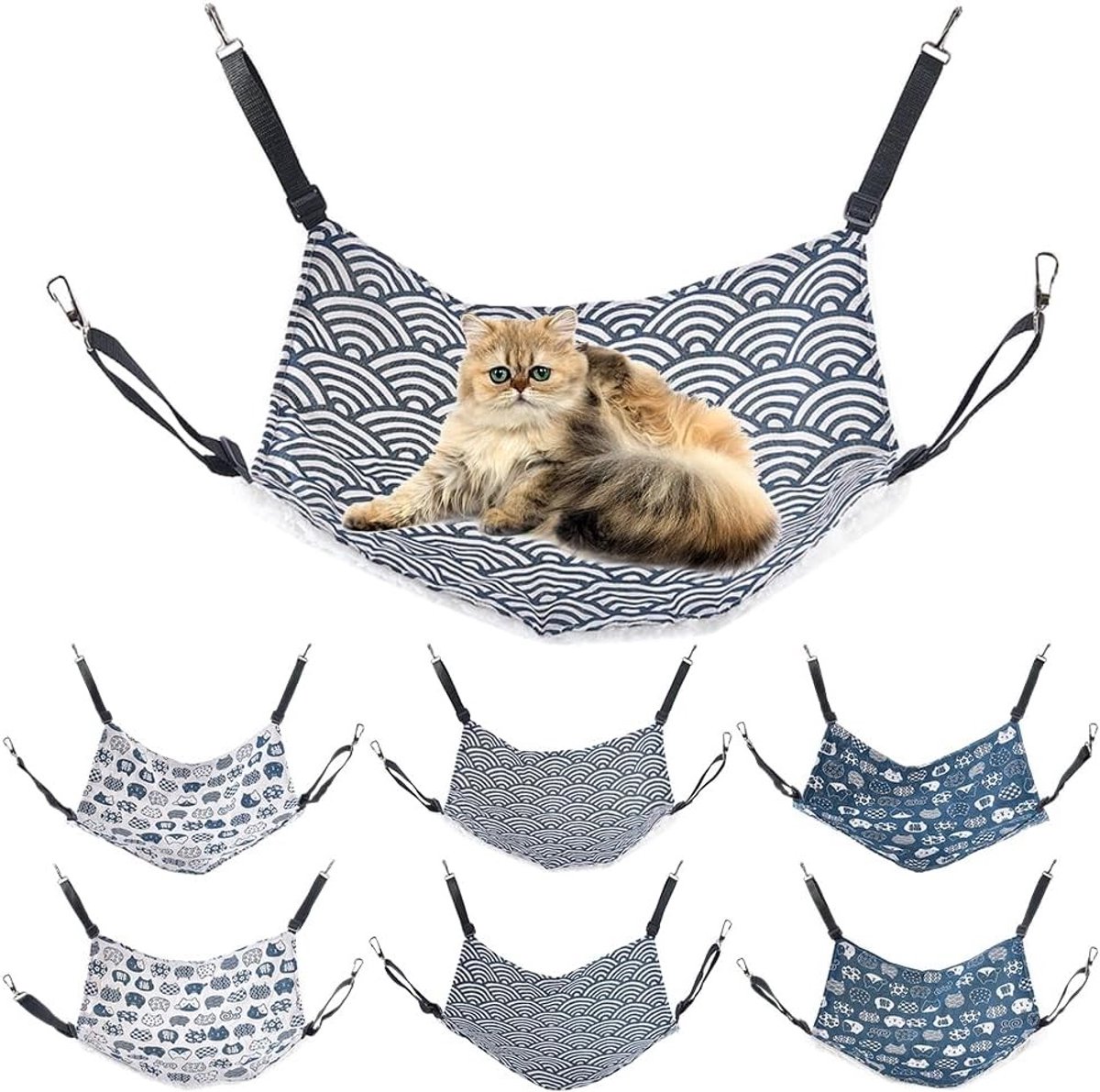 Kattenhangmat voor kooien - 6 stuks omkeerbaar hangbed van katoen en linnen, verstelbare riemen voor katten, fretten en kleine honden