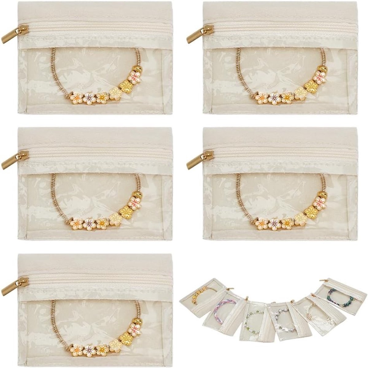 Reisjuwelentassen - Transparante opbergzakken met rits voor kettingen en oorbellen, handige organizer voor sieraden, perfect cadeau voor vrouwen, beige