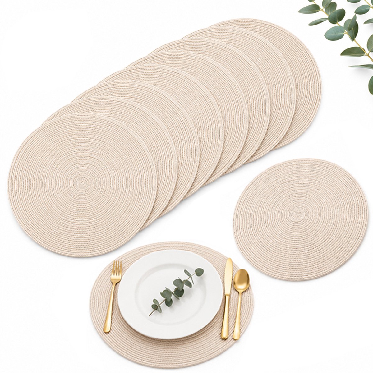 Bobypet - Placemats - Ronde tafelmatten - Set van 10 - Diameter 38 cm - Antislip en wasbaar - Ook te gebruiken als onderzetter - Voor keuken, hotel en eettafel - Beige