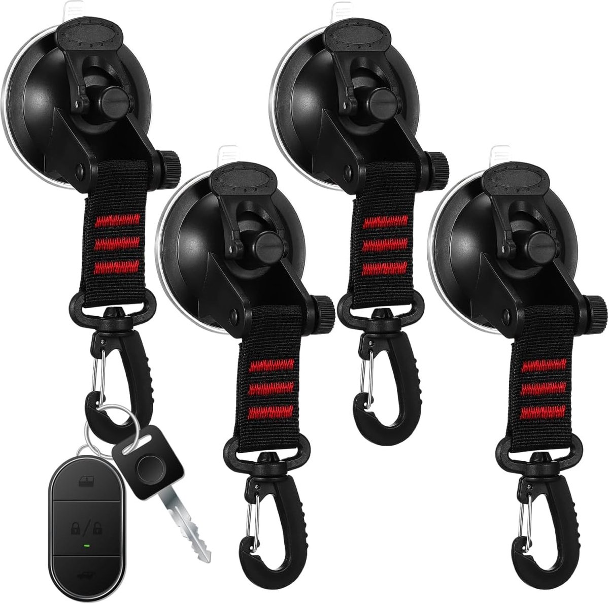 Bobypet - Zuignaphaken - Herbruikbare vacuüm zuignappen met karabijnhaken - Set van 4 - Met draaibare band - Voor auto, camper, boot, camping, zeilen, kajak en thuis - 15.5*6.5cm - Zwart