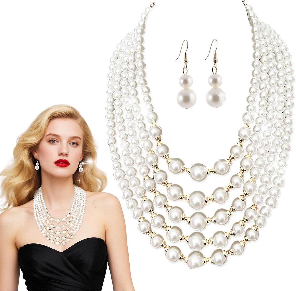 Parelketting choker in vintage jaren 20 stijl, lange parel halsketting als kostuumaccessoire voor volwassenen, elegante sieraden voor feesten en evenementen