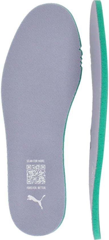 Paarse en groene sneakerzooltjes voor meisjes Puma schoenen met QR-code en Puma logo.