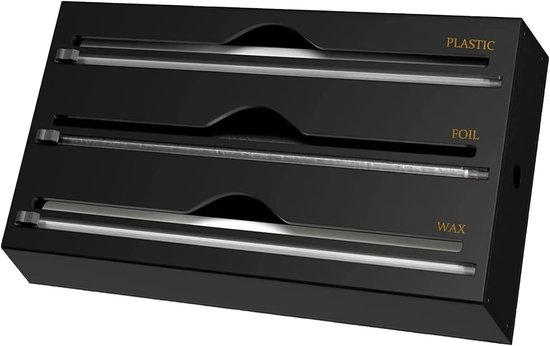 Distributeur noir pour film plastique, papier aluminium et papier cuisson avec trois fentes.