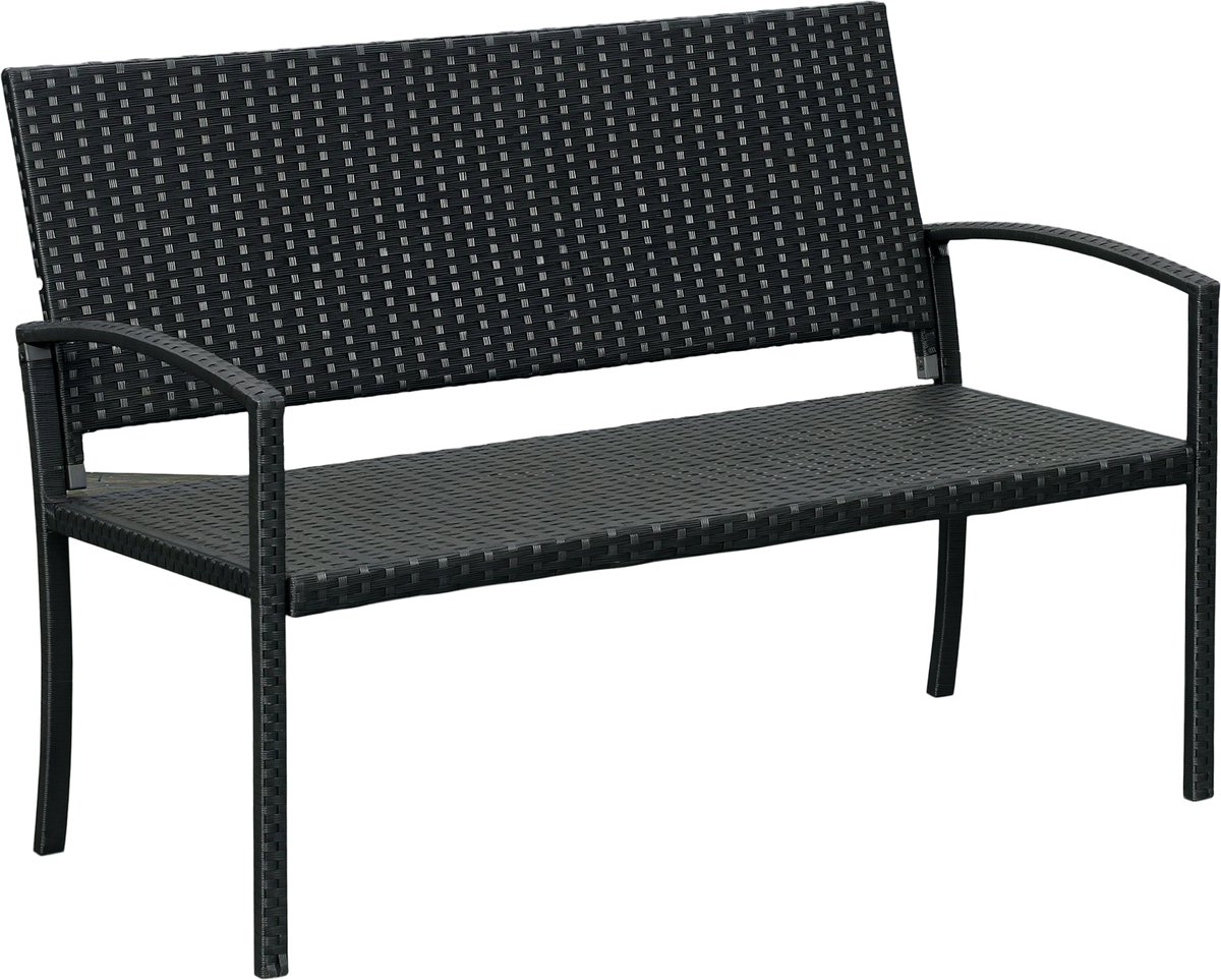 Tuinbank - rotanlook - met stalen frame - voor 2 personen - zwart - 122 x 60 x 85 cm