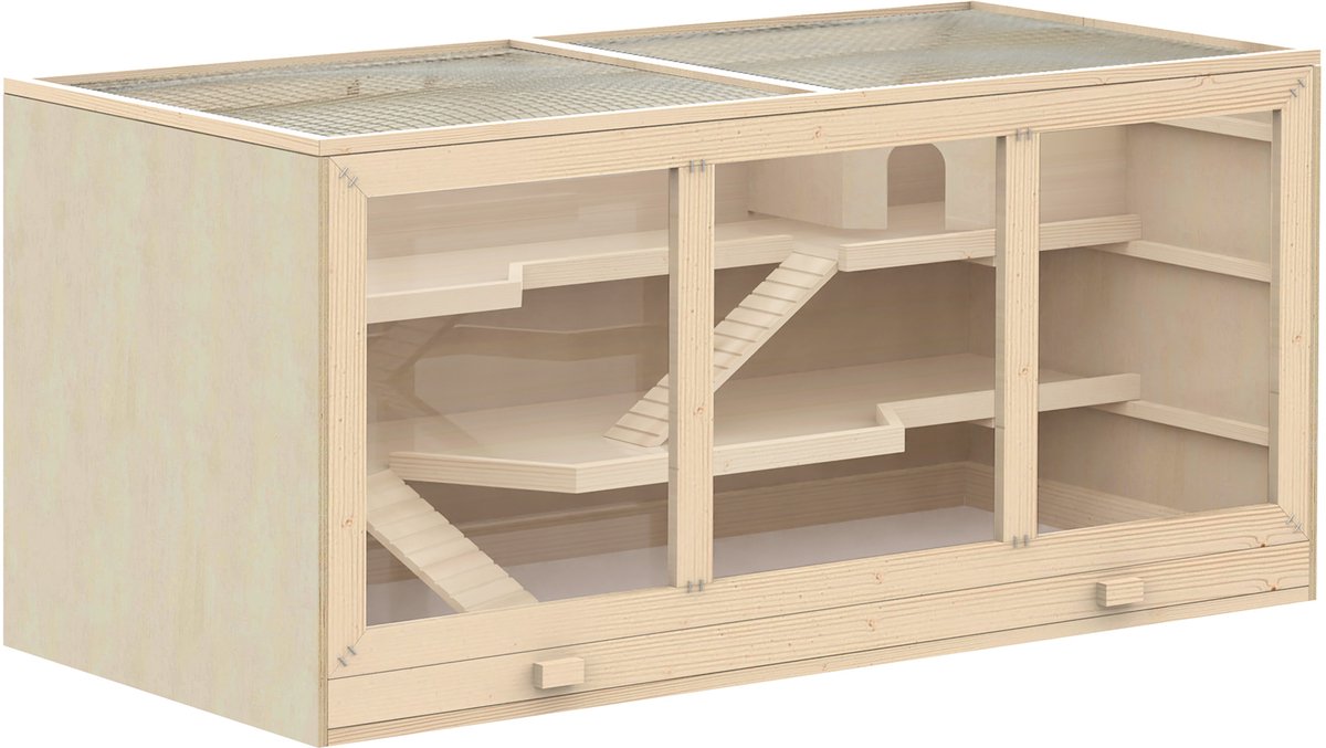Houten hamsterkooi - 3 verdiepingen - knaagdierkooi met schoonmaakbaar plankje - kooi voor kleine dieren met scharnierend deksel en trapje - houten kooi voor hamsters en dwerghamsters - 115 x 57 x 55 cm - naturel hout