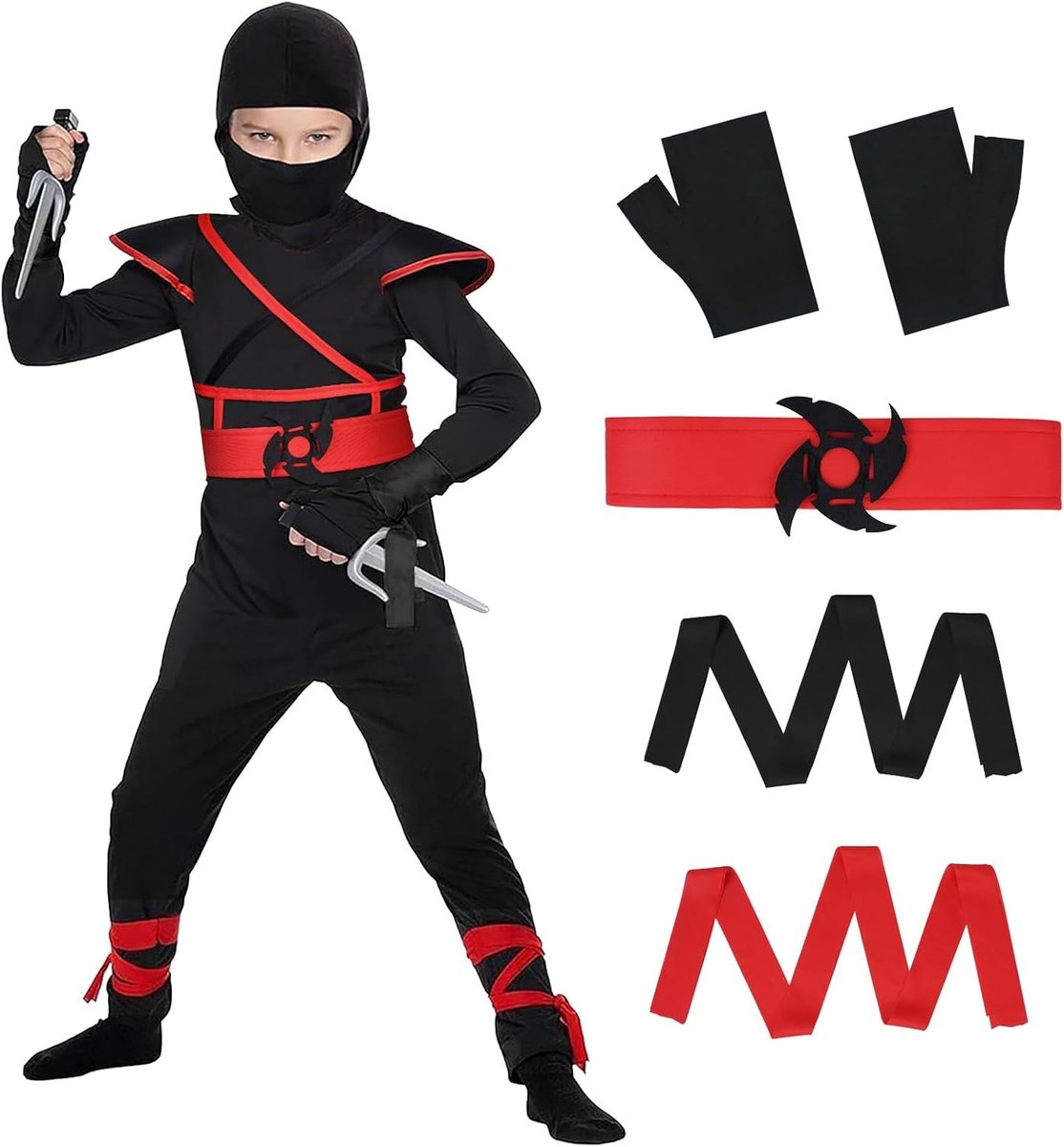 Kostuum voor Kinderen als Rode Ninja, Compleet met Schuimaccessoires voor Halloween, Cosplay en Feestjes, Perfect voor Kung Fu en Verkleedpartijen