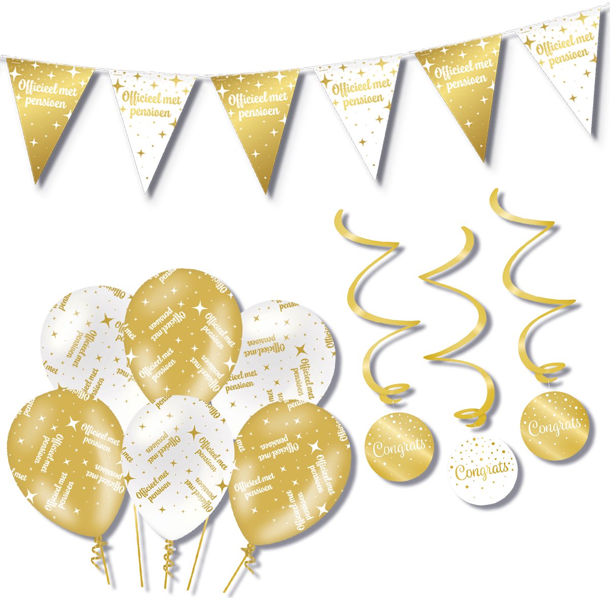 BTH – Pensioen – Wit-Goud – Decoratie Set – Ballonnen-Swirls-Vlaggenlijn – Alles-in-1 – Pensioen Pakket