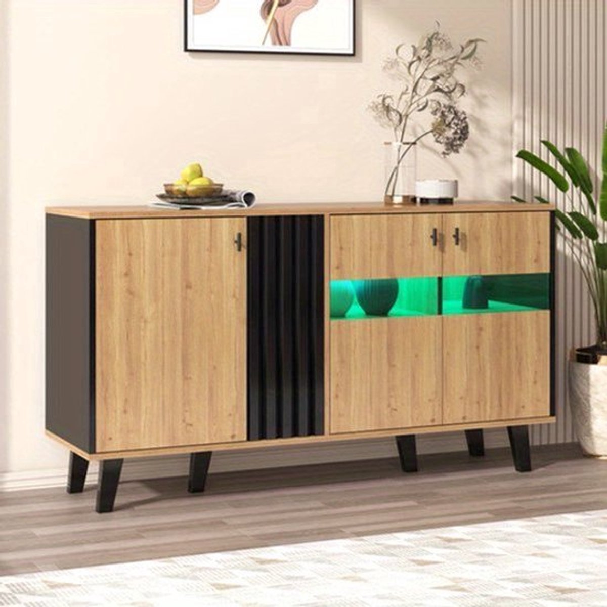 Dressoir – Buffettafel – Opbergkast – Sideboard – Ladekast – Hout Zwart Met Glas – 140x78,5x41 cm – Duurzaam Spaanplaat Met Stijlvol Design
