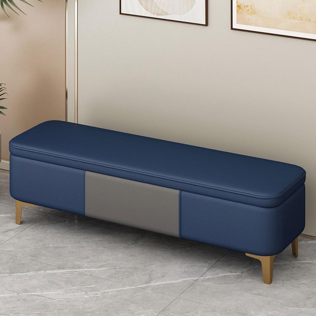 Opbergbank met kussen - Schoenenbank poef - Entree organiseren - Waterproof kattenklauw leer - 60x40x40cm - Donkerblauw