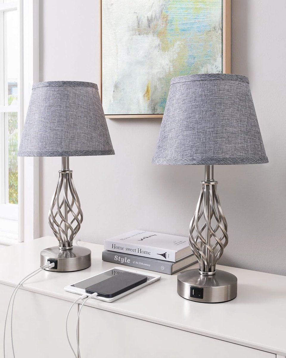 Bankierslamp - Grijs - Linnen Lampenkap - Moderne Dimbare Tafellamp met USB-poorten - Voor Slaapkamer en Woonkamer
