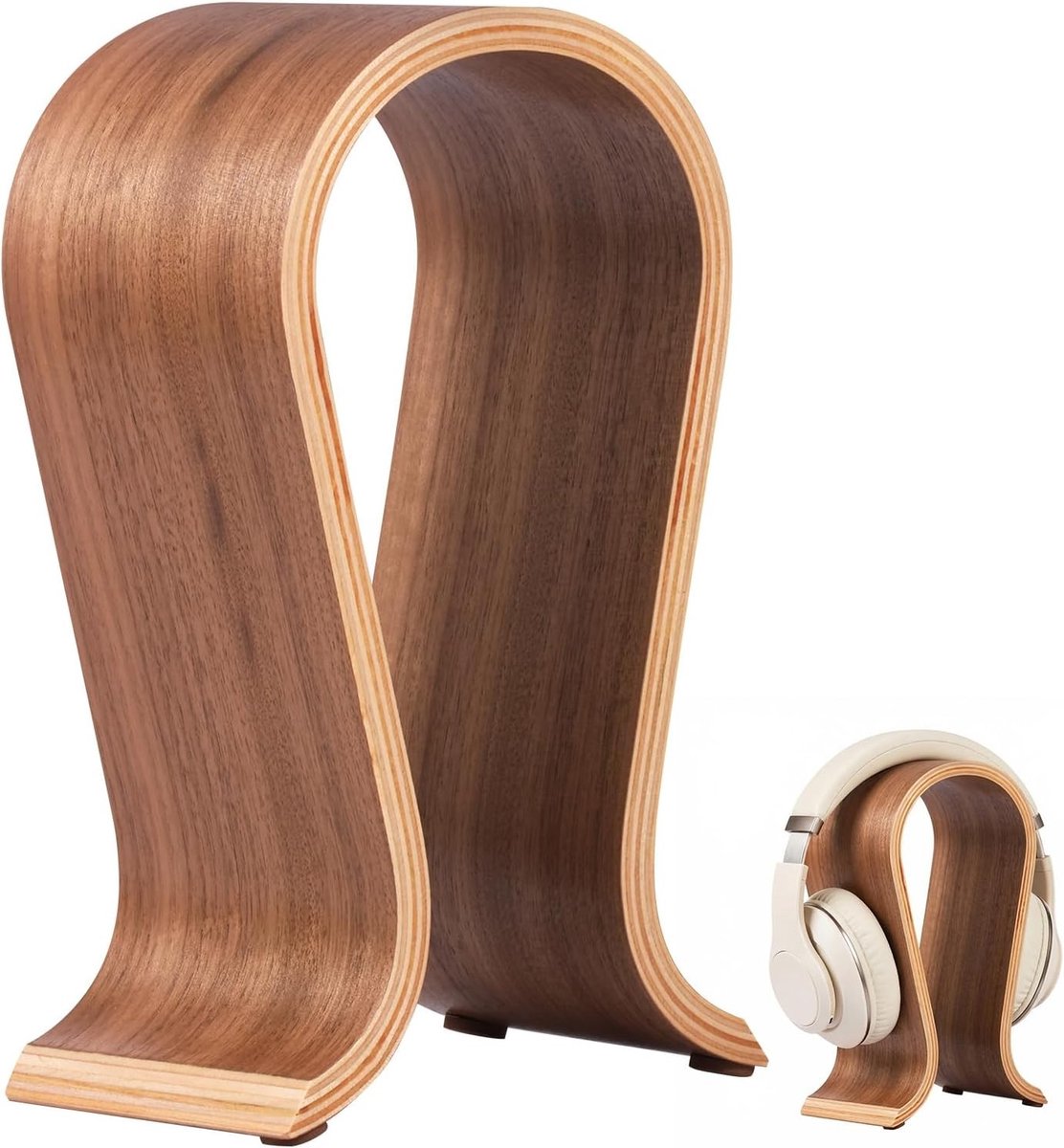 Houten hoofdtelefoonstandaard voor bureau, gaming headset houder met boogbrug ontwerp, universeel en stijlvol