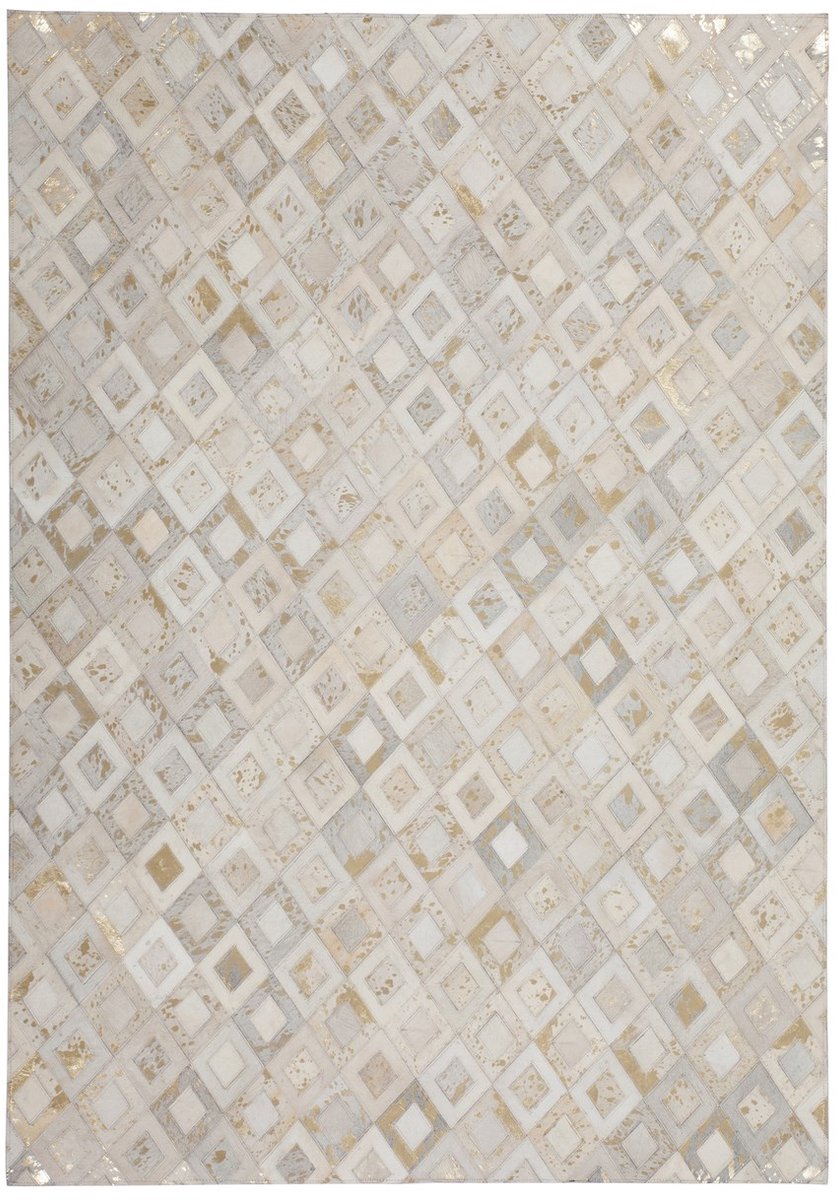 Padiro laagpolig vloerkleed 120 x 170 cm - crème / off-white / goud - industrieel geometrisch patroon - geschikt voor vloerverwarming - van leer