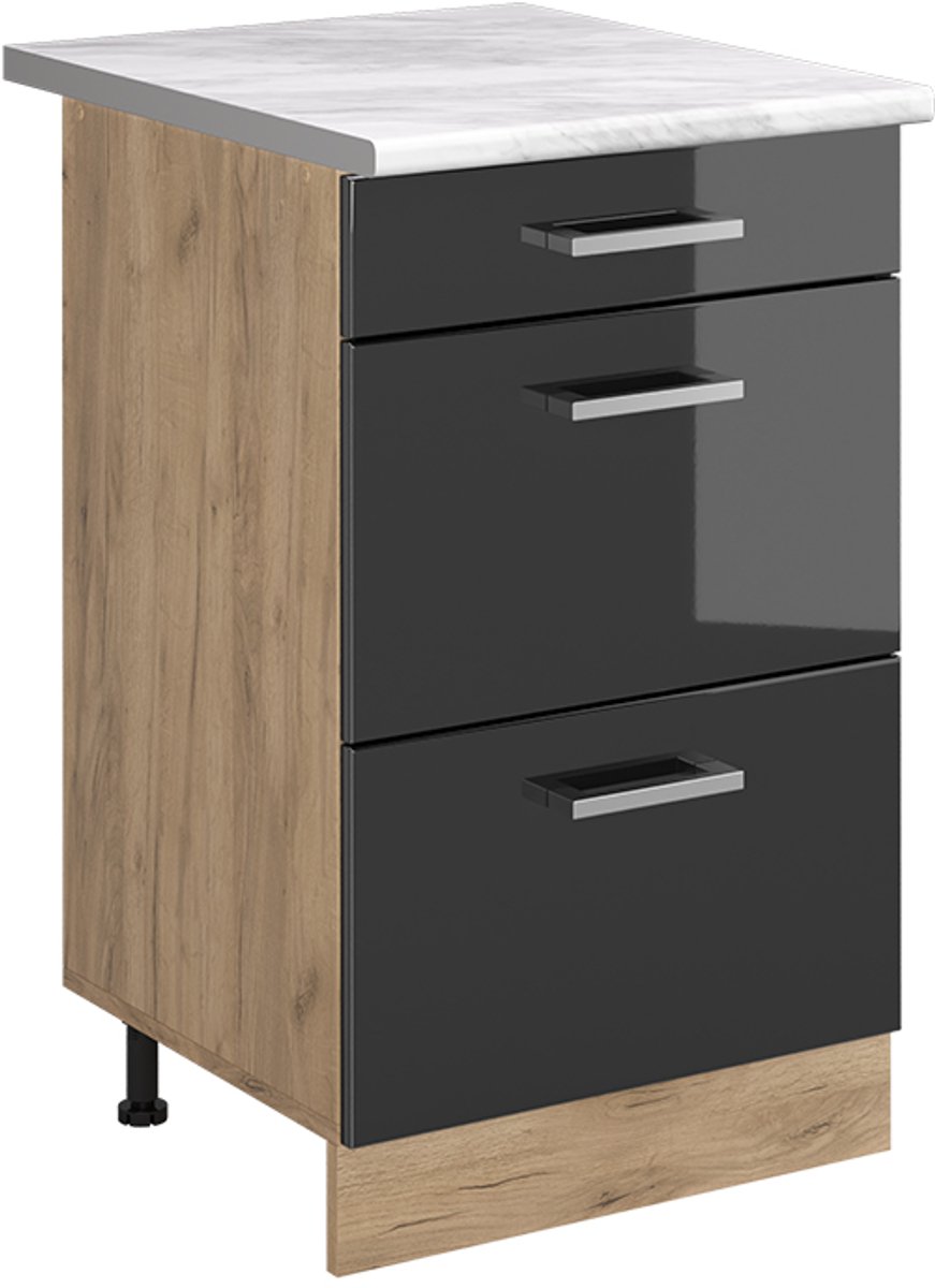 Vicco Keukenonderkast R-Line, Antraciet Hoogglans/Goudkleurig Eiken, 50 cm marmer werkblad