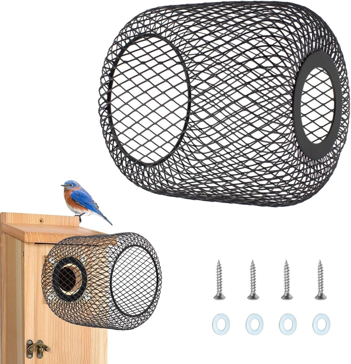 Vogelhuisje met draadingang voor optimale roofdierbescherming van oostelijke blauwe mezen en hun kuikens, veilig en duurzaam